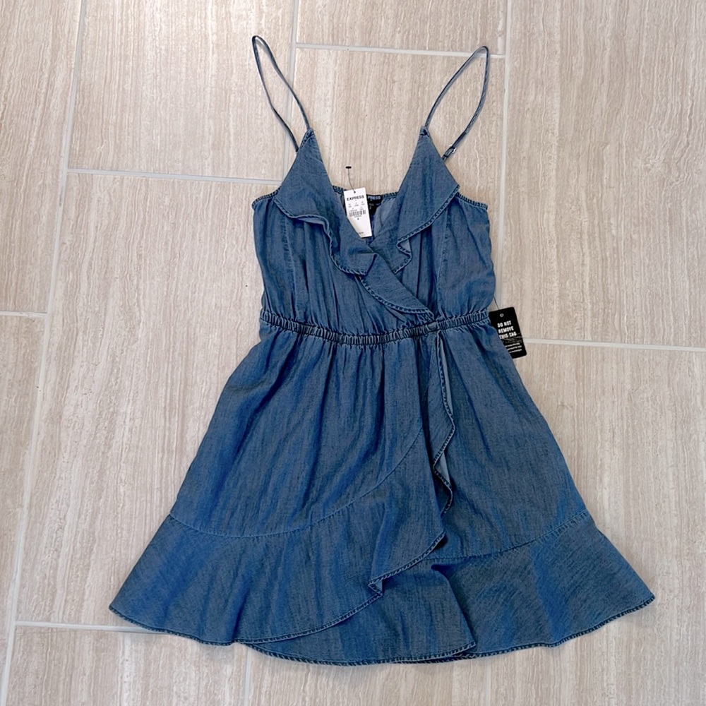 Express Clothing Chambray Denim Ruffle Wrap Dress - NWT - Size Small